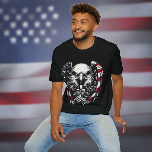 Faith and Freedom t-shirt featuring a soaring bald eagle with an American flag and a Christian cross behind it, printed on a dark shirt — patriotic Christian apparel for men and women

