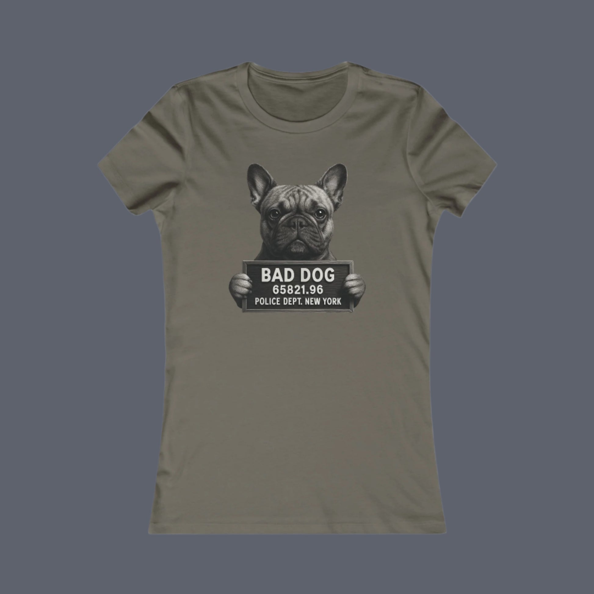 Gray t-shirt with a graphic of a dog holding a 'Bad Dog' sign on a white background