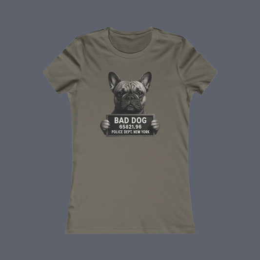 Gray t-shirt with a graphic of a dog holding a 'Bad Dog' sign on a white background