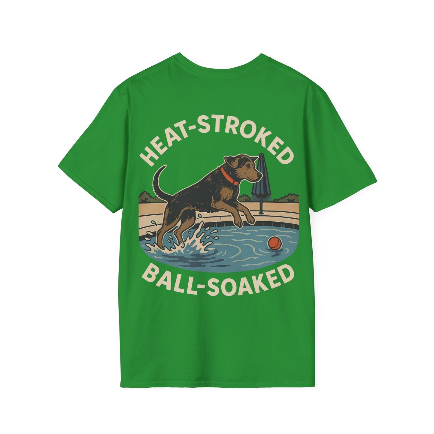 Heat-Stroked Ball-Soaked Dog T-Shirt – Funny Rescue Pool Dog Summer Shirt with Front & Back Print, Adult Unisex T-Shirt