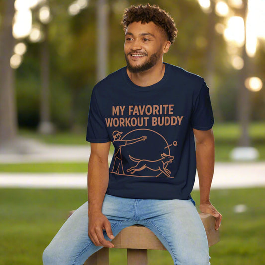 My Favorite Workout Buddy Dog T-Shirt – Funny Dog Owner Gift Tee – Fetch and Play Line Art Design – Vintage Soft Ink on Gildan 64000 Unisex T-Shirt, Adult Unisex T-Shirt