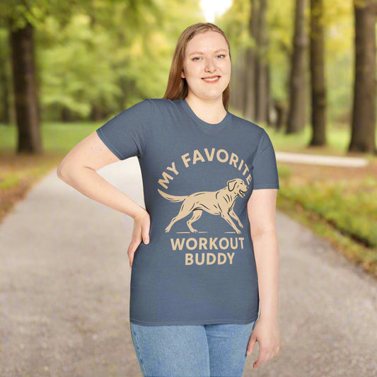 My Favorite Workout Buddy T-Shirt – Athletic Labrador Dog Graphic Tee – Dog Lover Fitness Shirt – Rescue Dog Gift – Workout With My Dog Tee – Adopted and Adored Apparel, Adult Unisex T-Shirt