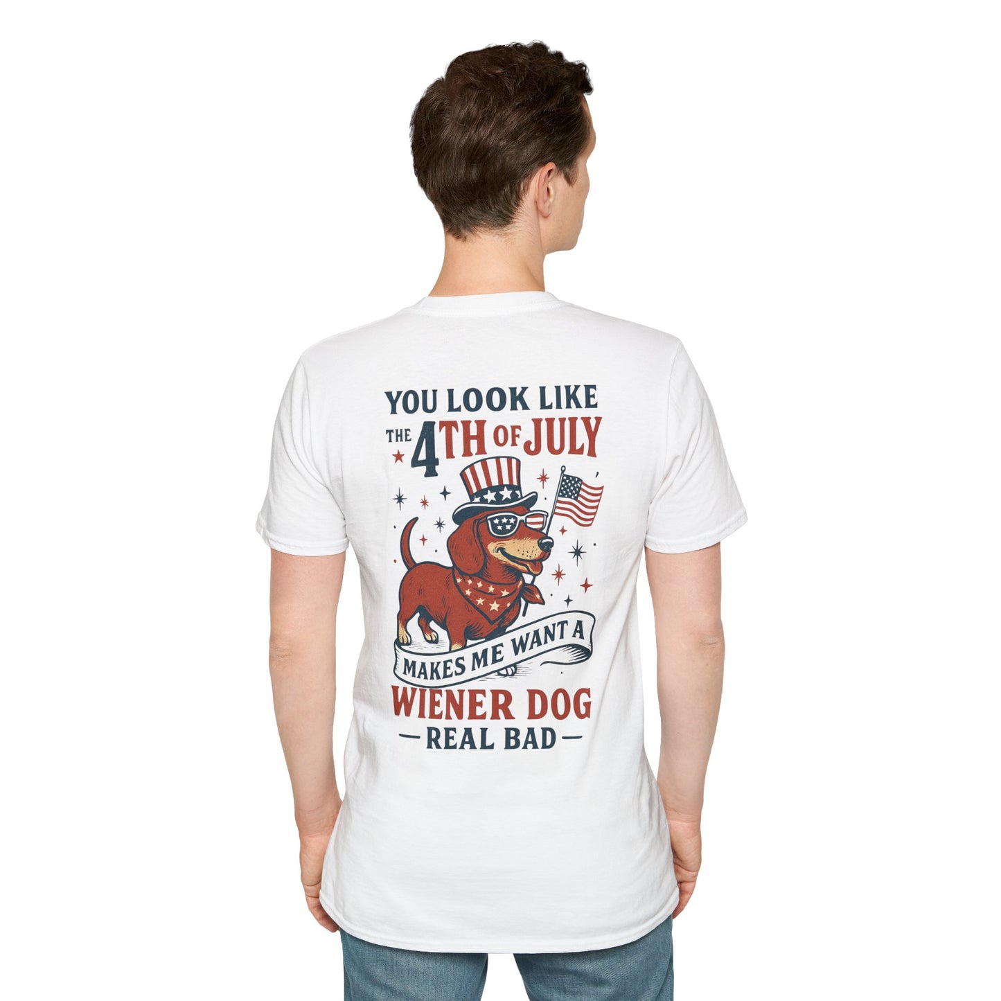 You Look Like the 4th of July Funny Wiener Dog T-Shirt – Patriotic Dachshund Shirt for Dog Lovers | Adopted and Adored Logo Front | July 4th Humor Tee, Adult Unisex T-Shirt