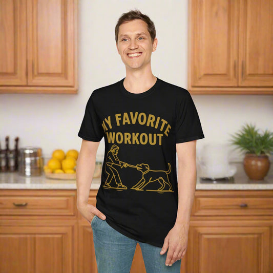 My Favorite Workout Tug-of-War Dog T-Shirt – Funny Dog Mom Tee – Gildan 64000 Unisex T-Shirt – Vintage Cream Print – Rescue Dog Lover Gift, Adult Unisex T-Shirt