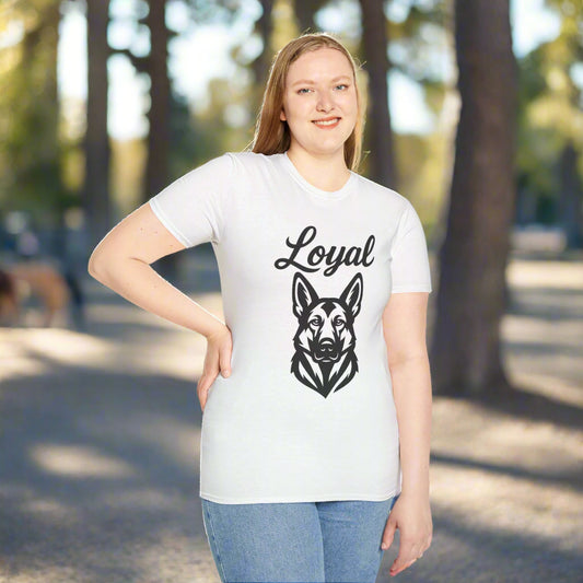 German Shepherd t-shirt, woman wearing it, facing forward, white shirt