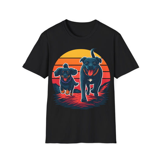 Retro Sunset Dog Shirt | Running Rescue Dog Graphic Tee for Animal Lovers, Teens & Friends | Vibrant Pet Memorial Gift, Adult Unisex T-Shirt