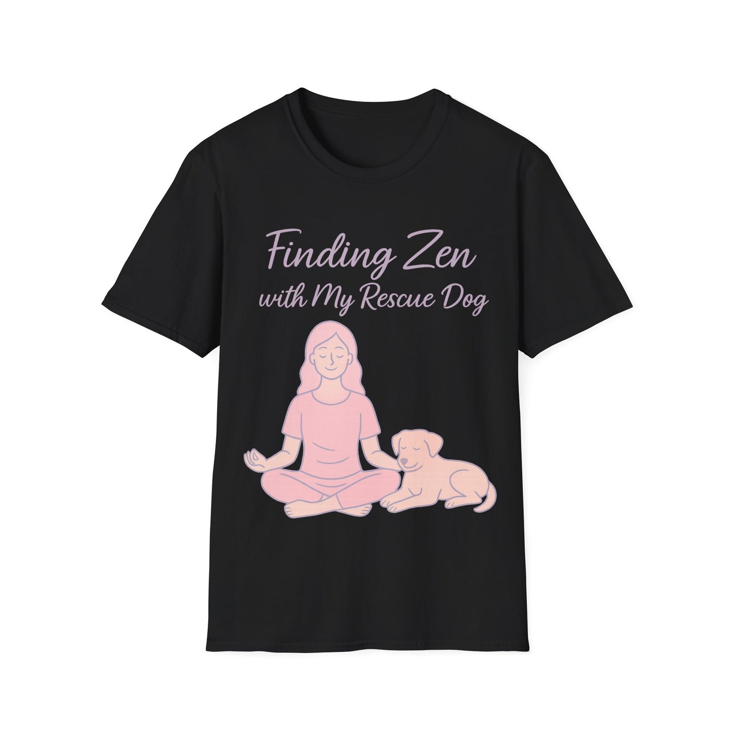 Finding Zen with My Rescue Dog – Calm Dog Mom Shirt in Blush Pink Lettering | Mental Health Rescue Tee, Adult Unisex T-Shirt
