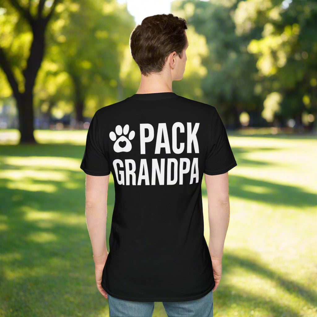 “Pack Grandpa T-shirt back print with paw and text in white ink – rescue dog gift for grandpa – Adopted and Adored Apparel”