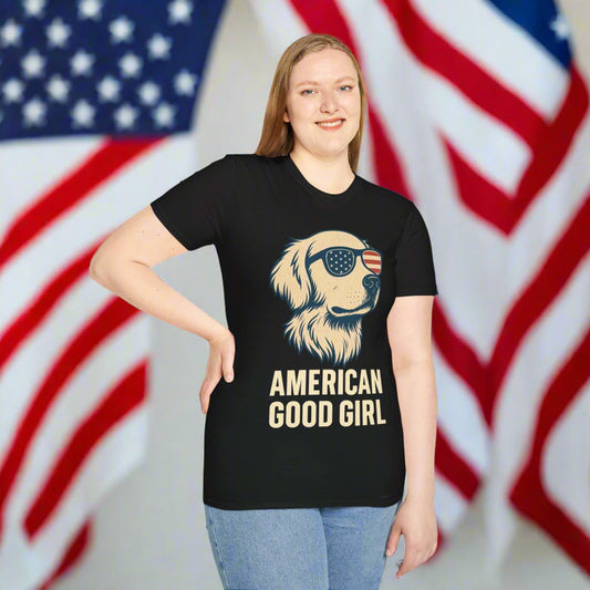 Golden Retriever dog wearing American flag sunglasses with 'American Good Girl' text on navy shirt – patriotic t-shirt for dog lovers and women
