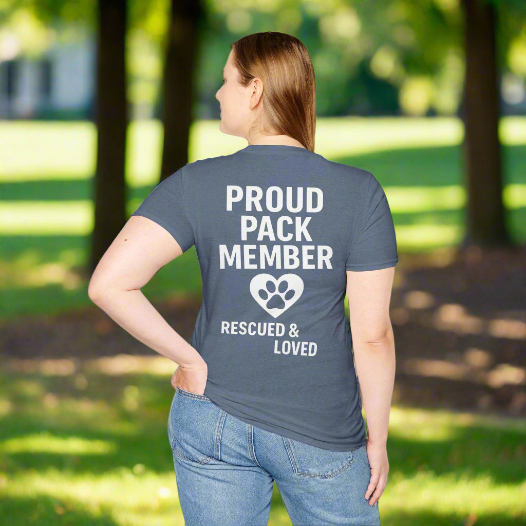 Proud Pack Member Rescued and Loved Shirt – Dog Rescue T-Shirt with Back Design – Pack Collection Family Matching Tee – Adopted and Adored Apparel, Adult Unisex T-Shirt