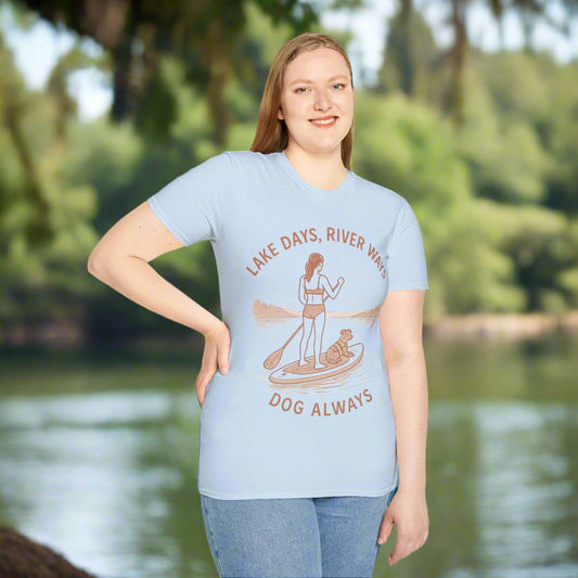 Lake Days River Ways Dog Always T-Shirt | Dog Lover Paddleboard Shirt | Rescue Dog Gift | Adopted & Adored Apparel, Adult Unisex T-Shirt