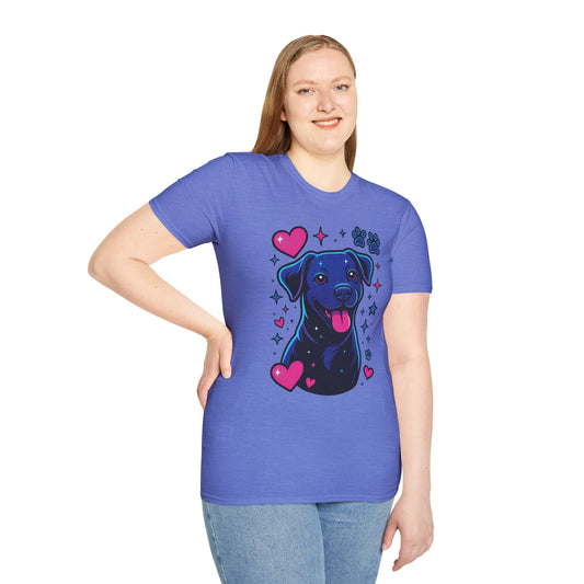 Neon Dog Graphic T-Shirt | Y2K Two-Sided Rescue Shirt with Front Dog Art + Back Logo | Adopted and Adored Apparel | Animal Adoption Awareness, Adult Unisex T-Shirt