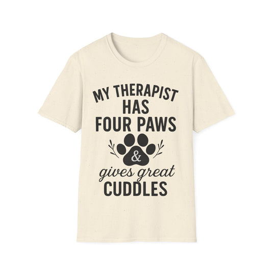 My Therapist Has Four Paws and Gives Great Cuddles – Rescue Dog Shirt with Bold Black Lettering, Adult Unisex T-Shirt