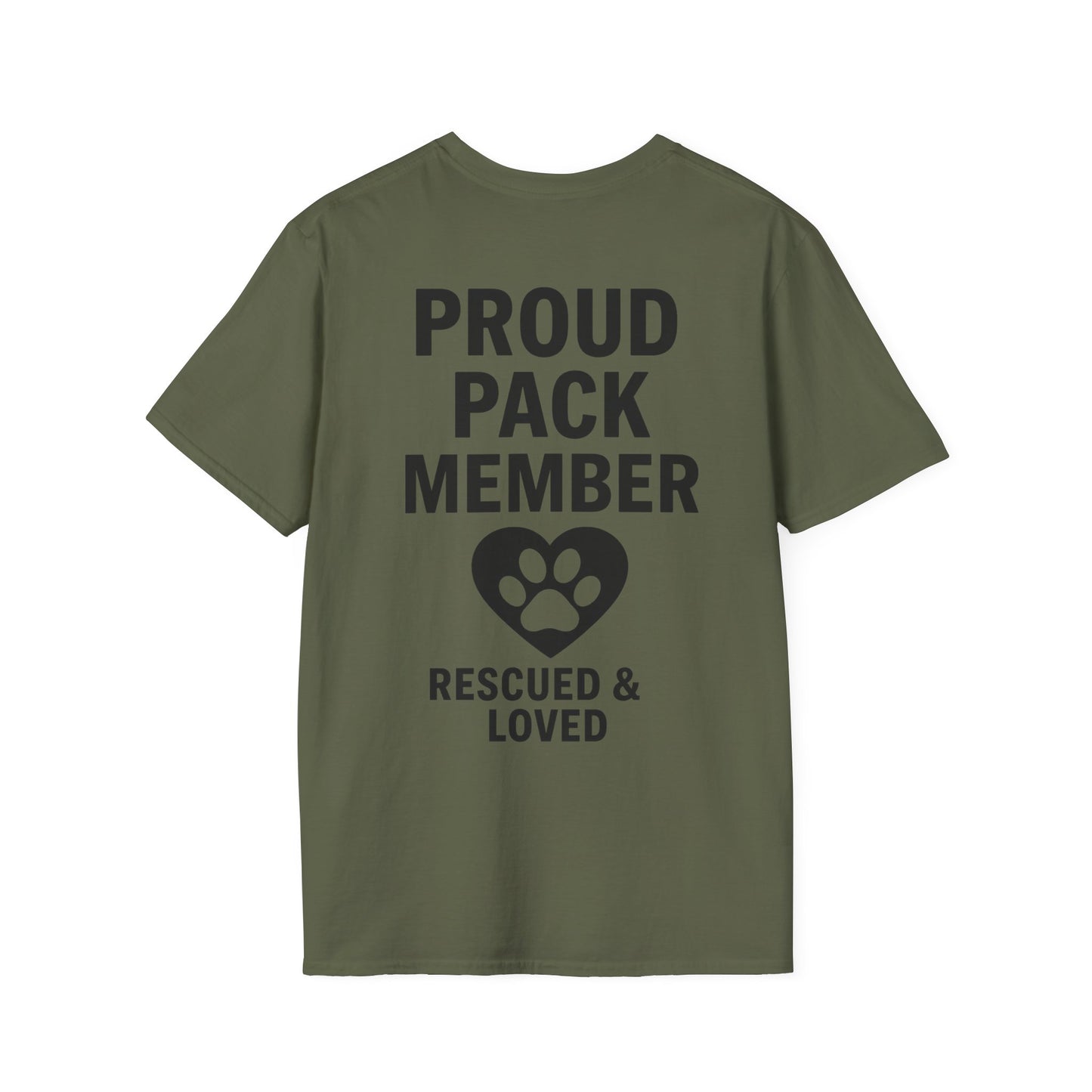 Proud Pack Member Rescued and Loved Shirt – Dog Rescue T-Shirt with Back Design – Pack Collection Family Matching Tee – Adopted and Adored Apparel, Adult Unisex T-Shirt