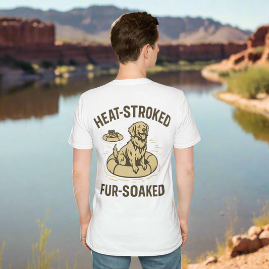 Heat-Stroked Fur-Soaked Dog T-Shirt – Arizona Lake Float Tee – Wet Dog Summer T-Shirt for Dog Lovers – Two-Sided Premium Rescue Apparel – Unisex Fit, Adult Unisex T-Shirt