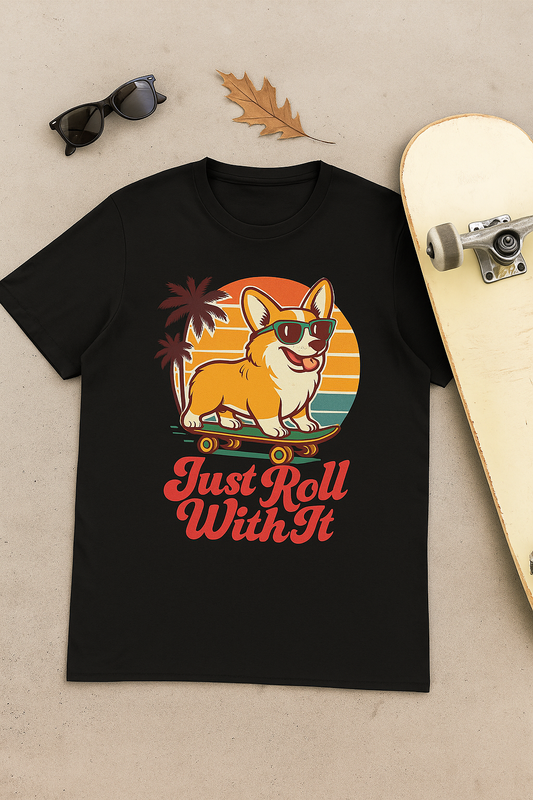 Funny Corgi Skateboard T-Shirt – Just Roll With It Retro Dog Tee | Summer Beach Dog Shirt for Pet Lovers, Adult Unisex T-Shirt