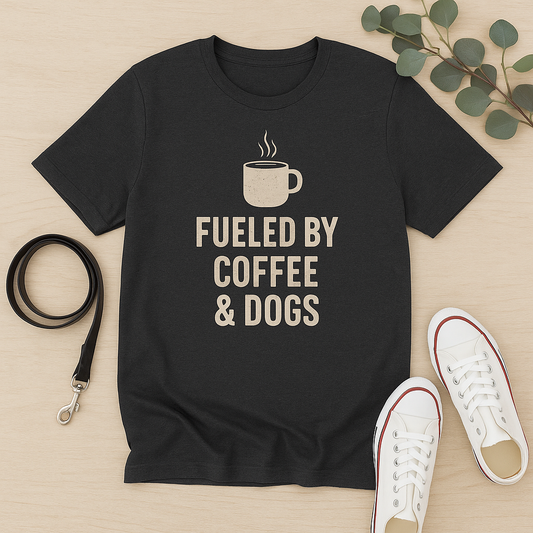 Flat lay of a charcoal heather unisex t-shirt with the phrase “Fueled by Coffee & Dogs” in distressed cream text, topped by a minimalist steaming coffee mug icon. Styled on a light wood background with a black leather dog leash, eucalyptus sprigs, and white canvas sneakers to create a warm, lifestyle-focused rescue dog vibe.