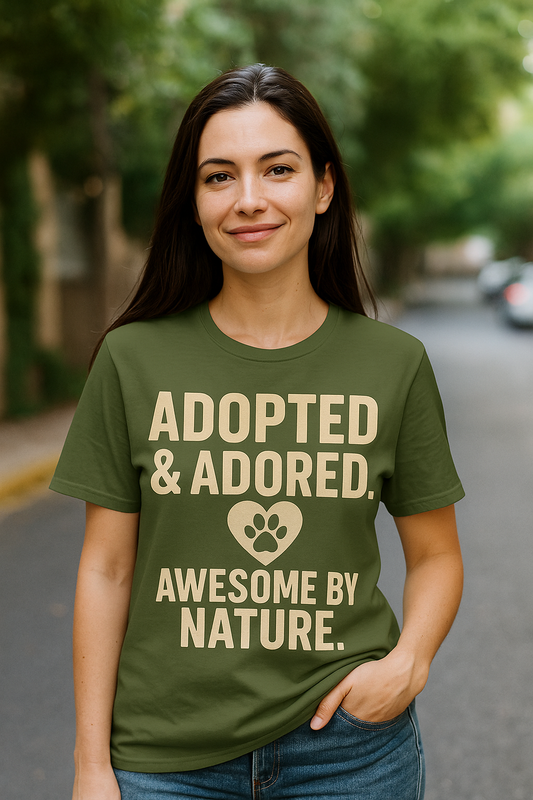 Olive green t-shirt with vintage tan print reading “Adopted & Adored. Awesome By Nature.” Features a paw print inside a heart between text blocks.