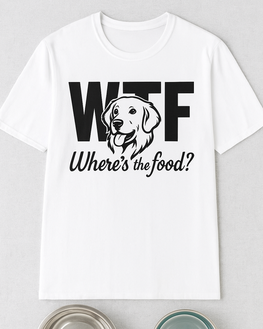 WTF Where’s The Food Funny Dog T-Shirt – Golden Retriever Design for Dog Lovers, Light Color Tee for Pet Owners, Animal Rescue Humor Gift, Adult Unisex T-Shirt