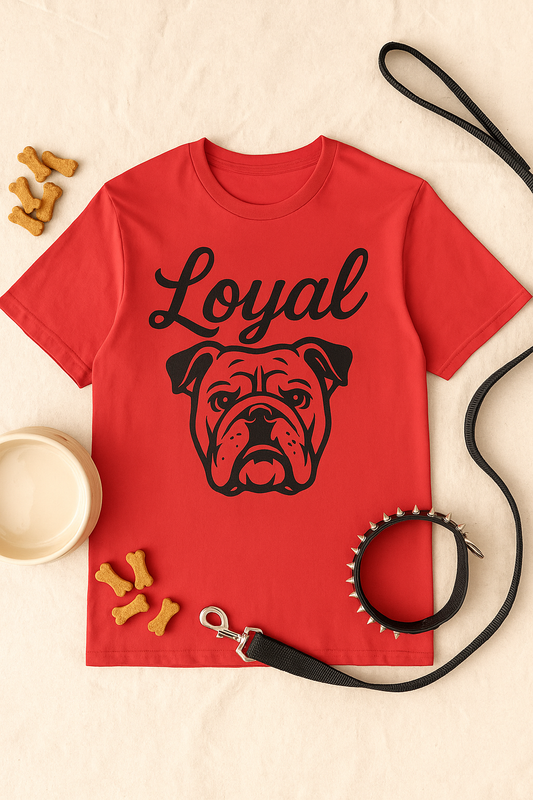 A red unisex t-shirt featuring a bold black line art illustration of an English Bulldog's face with the word "Loyal" above it in script font. The shirt is styled flat lay with dog accessories including a thick spiked collar, a leash, a food bowl, and a few scattered dog treats.