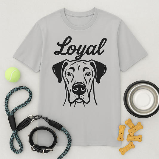 Ice gray t-shirt featuring a bold black line art illustration of a Great Dane with the word “Loyal” above the dog’s head in stylized script

