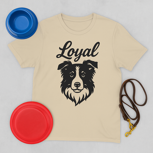 Sand unisex t-shirt with the word "Loyal" in black script above a black and white Border Collie head illustration.
