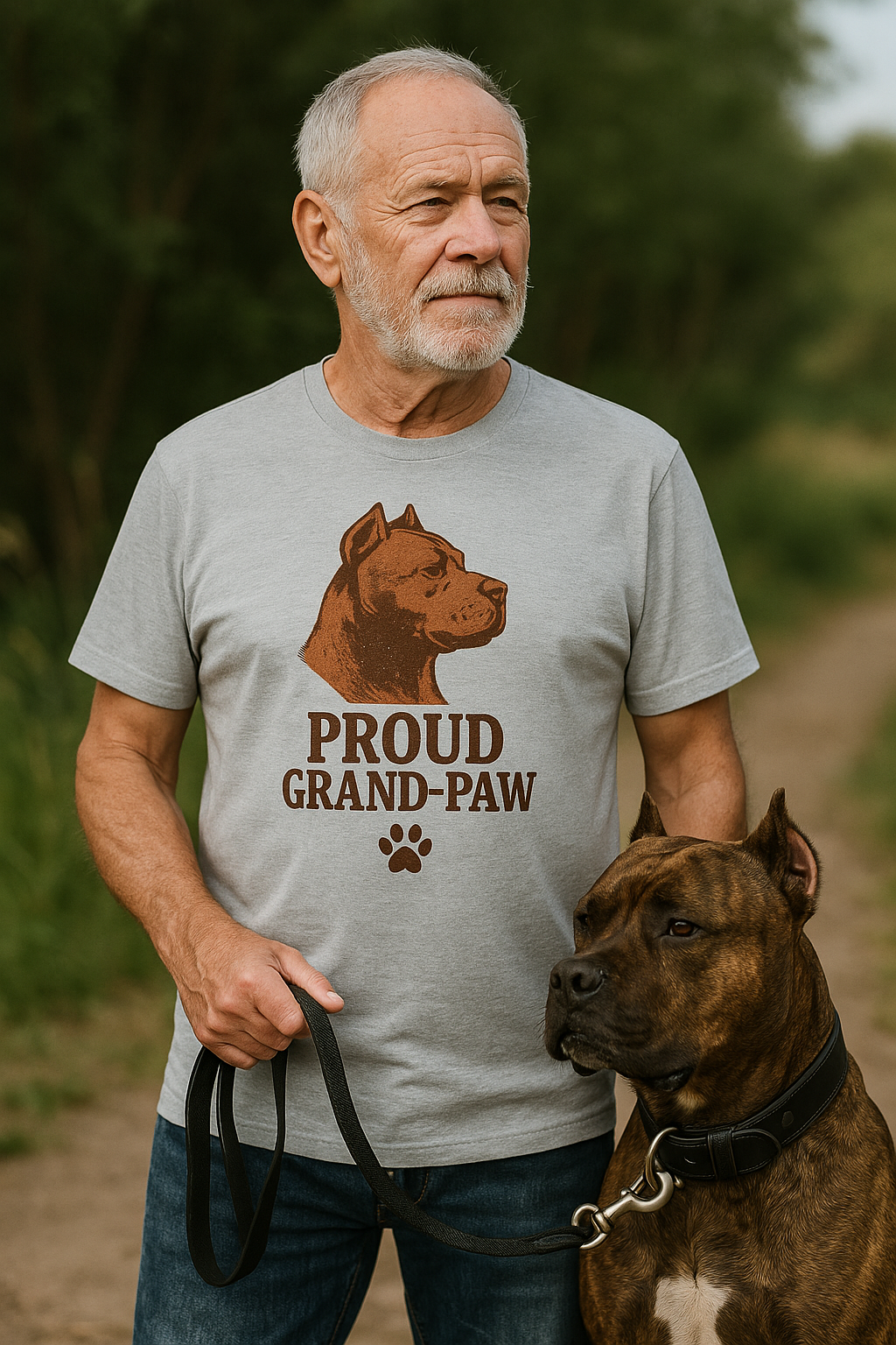 Elderly man wearing a 'Proud Grand-Paw' Pit Bull t-shirt outdoors, holding a leash beside a brindle pit bull with a heavy-duty collar