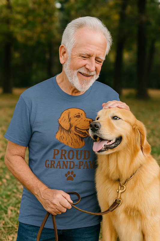 Elderly man smiling while petting his Golden Retriever outdoors, wearing a blue "Proud Grand-Paw" t-shirt featuring a vintage-style Golden Retriever illustration and paw print.

