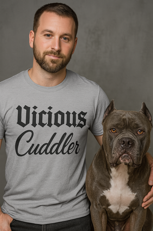 Unisex t-shirt featuring bold “Vicious Cuddler” design in blackletter and script font, shown on a heather gray shirt — ideal for pit bull lovers and dog rescue supporters.