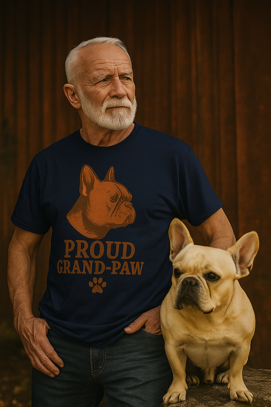 A photograph of an elderly Caucasian man with light gray hair and a short beard, wearing a navy blue "Proud Grand-Paw" t-shirt featuring a vintage-style illustration of a French Bulldog. He stands confidently outdoors, smiling beside his real-life French Bulldog, creating a heartwarming portrait of pet-grandparent pride.