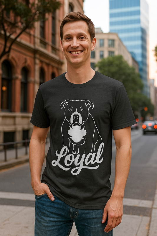 Loyal Pit Bull T-Shirt – Big Head Variant 2 Rescue Dog Graphic | Bold White Line Art on Black Tee, Adult Unisex T-Shirt